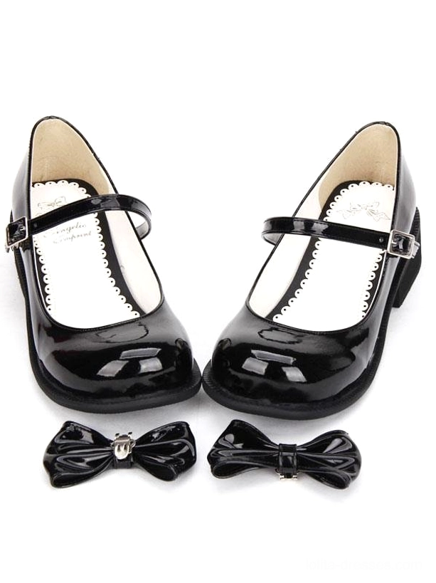 sweet lolita mary jane shoes with detachable bows black patent leather alternate bow options flat lay view merchandise photography