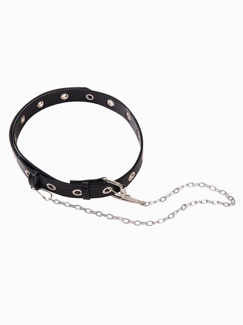 Detachable leather waist belt with chain punk metal buckle silver chain pendant military grommet details
