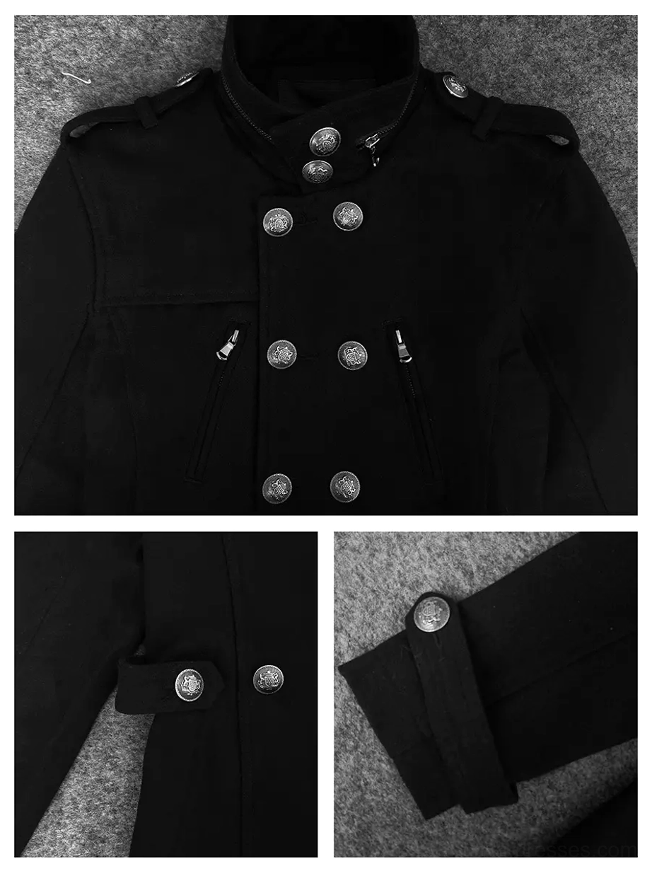 Double-breasted military coat front section detail showing structured shoulder straps, functional zipper pockets, and embossed metal button closure system