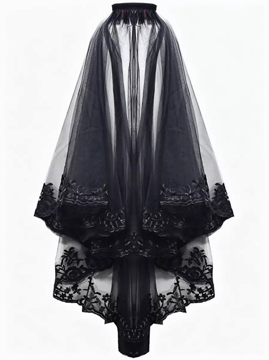 Double-layer black tulle veil headpiece top-down flat lay view on white background, multi-layer embroidered lace hem with top fixing ring and irregular trailing shape design