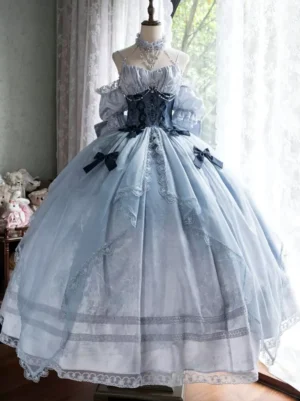 Dusty blue off-shoulder classic lolita wedding gown front view with puffed ruffled sleeves lace trim and multiple decorative bows
