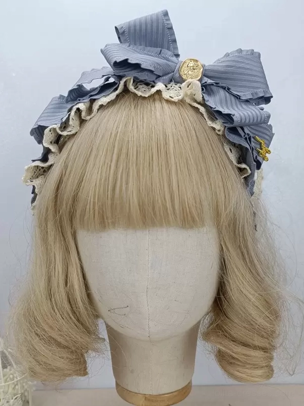 Dusty blue striped lolita bow hairband featuring beige ruffled perimeter and vintage gold brooch - sweet lolita rococo headwear