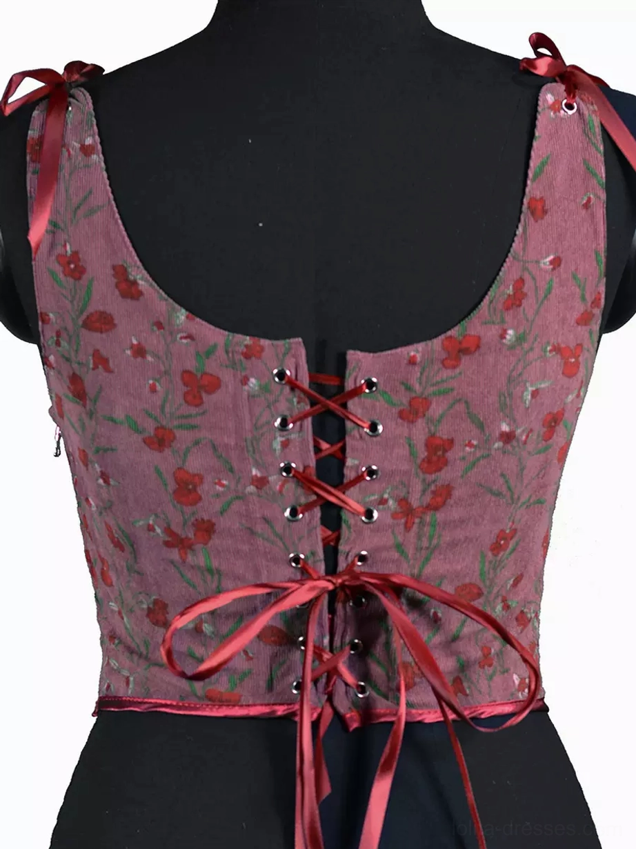 dusty rose floral lace-up corset top back view red satin ties Victorian corsetry lolita