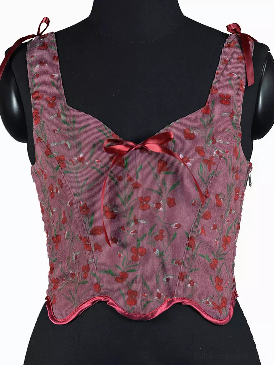 dusty rose floral lace-up corset top front view sage green red botanical print romantic lolita