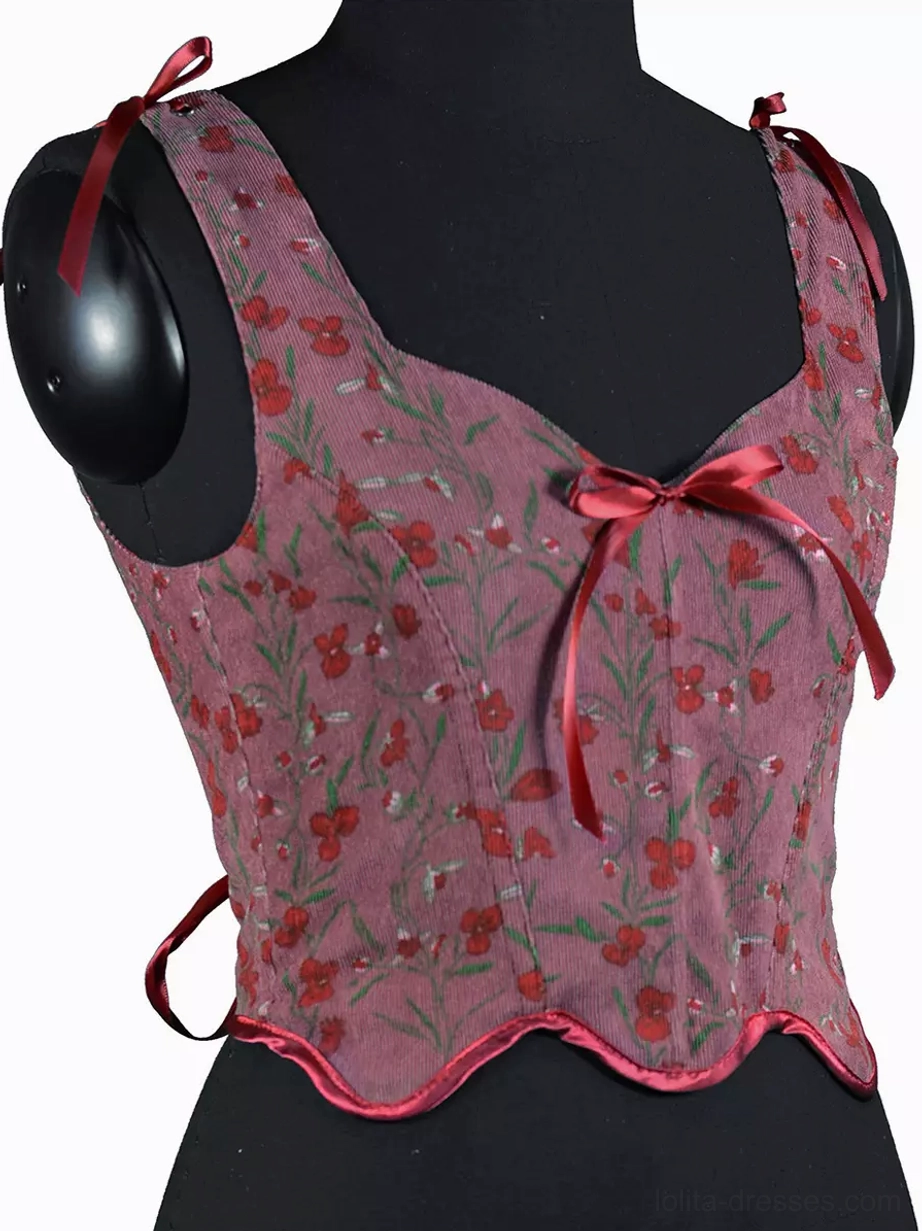 dusty rose floral lace-up corset top three-quarter view scalloped ribbon hem romantic aesthetic