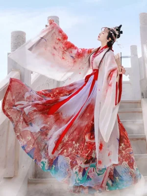Eastern elegance lolita op dress ecru white long sleeves embroidered three-piece set front view model wearing traditional hairstyle ancient stone stairs