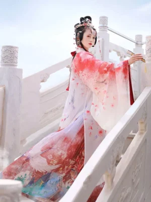 Eastern elegance lolita op dress back three-quarter view embroidered floral pattern long sleeves traditional chinese design ancient architecture setting