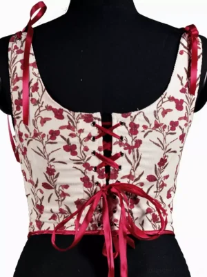 cream ecru floral lace-up corset top back view red satin lace-up closure lolita corsetry detail