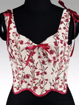 cream ecru floral lace-up corset top front view romantic lolita vintage-inspired crimson red ribbon scalloped hem