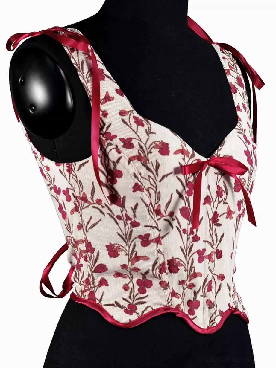 cream ecru floral lace-up corset top three-quarter front view romantic lolita style scalloped trim