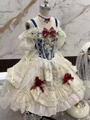 Ecru hime lolita wedding dress with off-shoulder puff sleeves, wine red rose bows, layered lace ruffles, and color block design front three-quarter view on mannequin