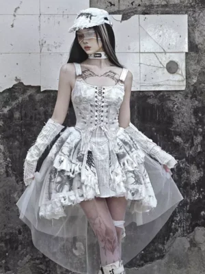 Ecru white gothic lolita JSK dress with lace-up corset front and floral print, three-quarter view worn by model with full matching gothic styling against distressed outdoor background