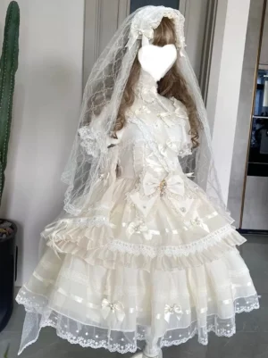 Ecru white Hime Lolita bridal dress front full view showing high collar puffed short sleeves layered ruffled skirt with lace trim and large satin ribbon bow