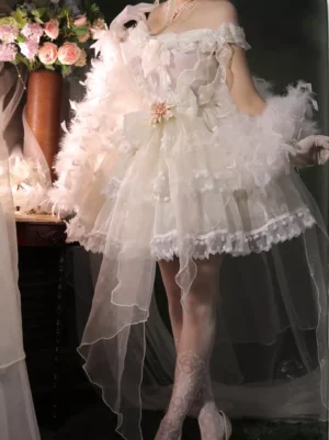 Ecru white off-shoulder sweet lolita hime dress with layered tulle skirt and feather trims in full-body front view