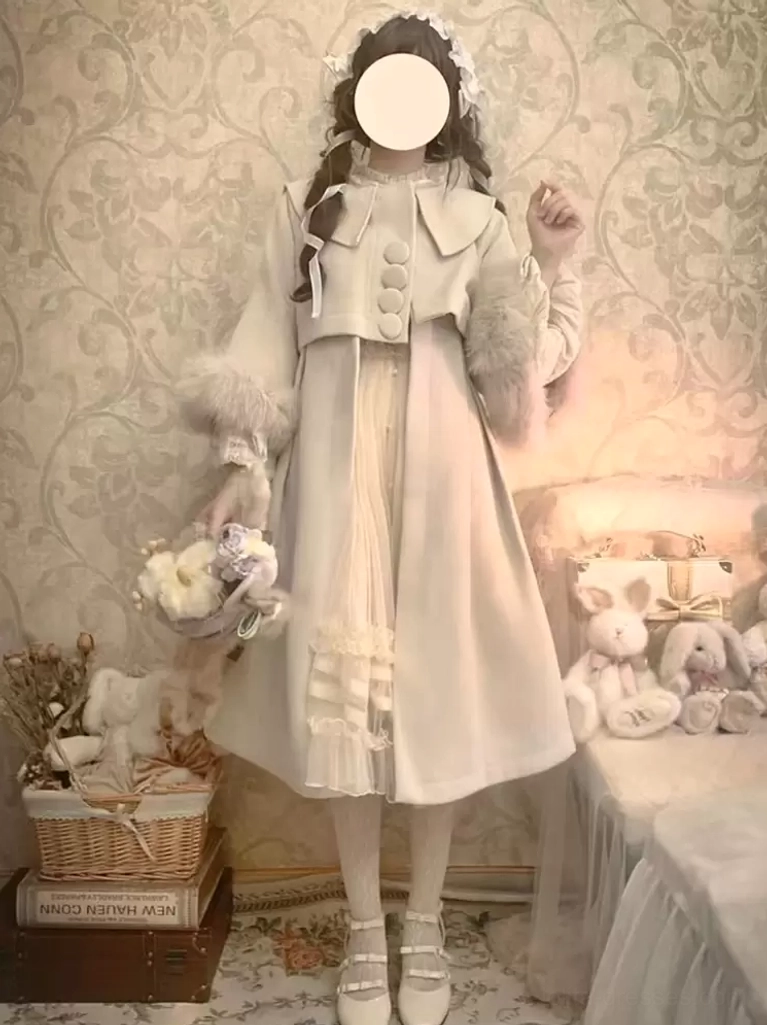 Beige cream sweet lolita long overcoat full front body shot with fluffy fur sleeve cuffs, layered over ruffled lace inner dress, faceless lolita model holding plush toy accessories, romantic vintage aesthetic coordination