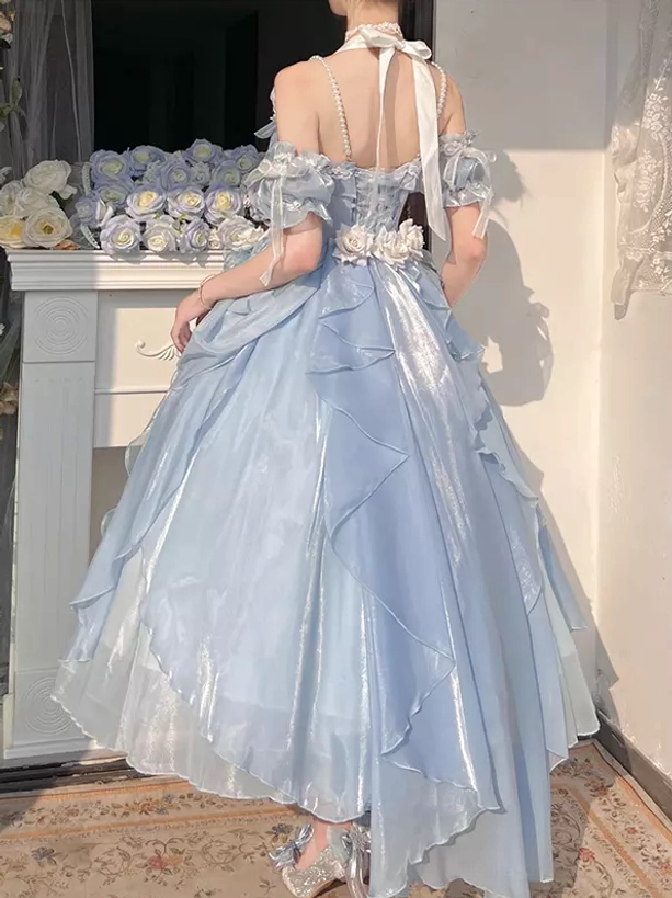 Ecru white lolita sleeveless dress side view showing ruffled volume off-shoulder design elegant sweet lolita coordinate aesthetic