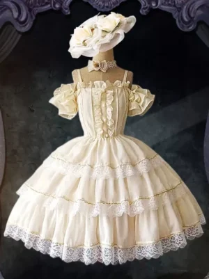 Ecru white off-shoulder fairy lolita wedding dress with tiered ruffled lace tulle skirt and puff sleeves on mannequin with flower hat