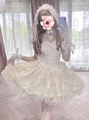 Ecru white Sweet Lolita JSK dress half-side view with flower hairpiece puffy tulle skirt
