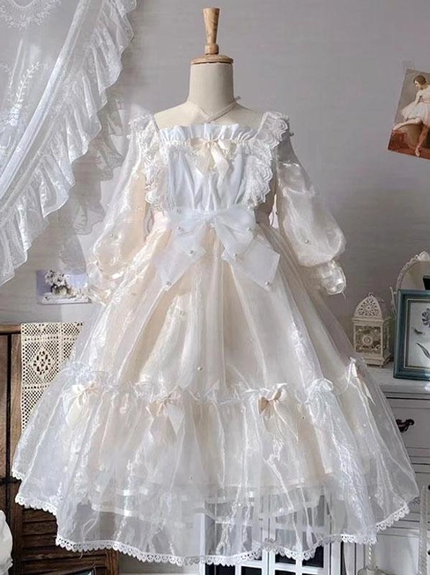 Ecru white sweet lolita dress front close-up mannequin display with square ruffled neck large bow organza lace trim