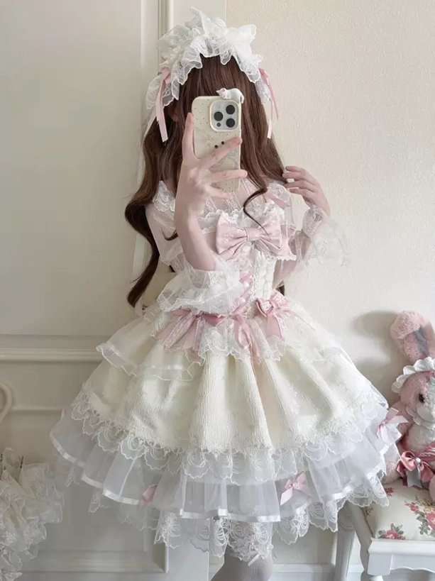 Ecru white sweet lolita JSK dress full body coordinate tiered lace mini skirt spaghetti strap