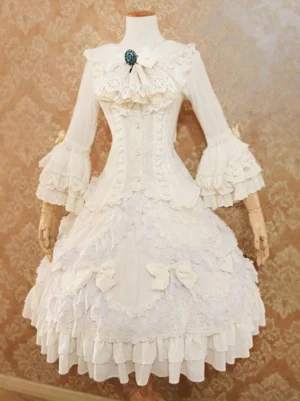 Ecru white sweet lolita wedding skirt with embroidered lace trims and bow details front view on dress mannequin vintage floral background full body