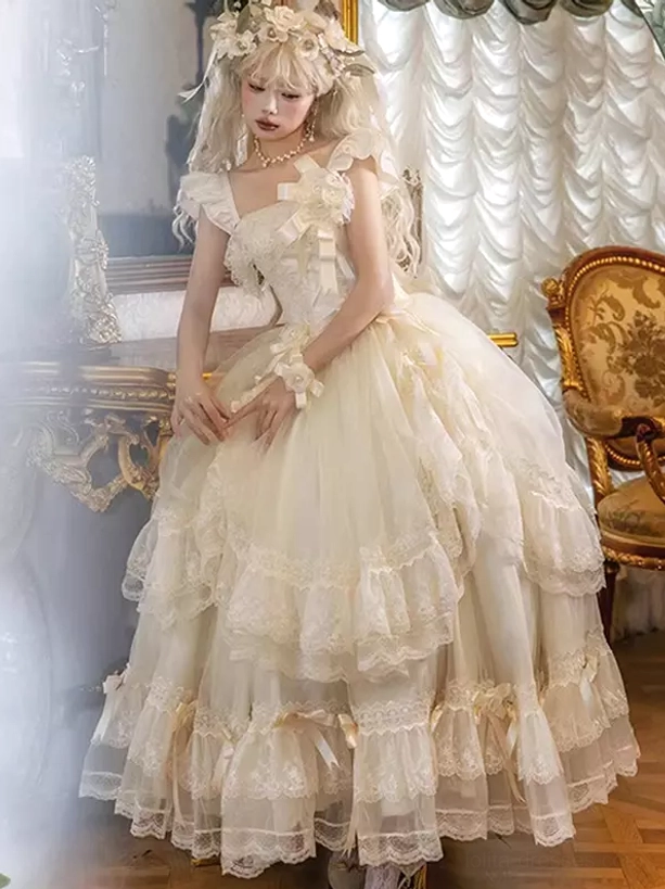Beautiful Classic Lolita wedding dress with square neckline ruffled sleeves and floor-length lace skirt, front standing shot with floral headpiece in royal vintage room setting