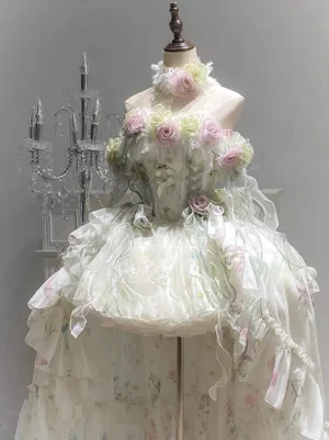 Elegant white Lolita wedding dress with corset bodice and ruffled tulle layers, front angled view