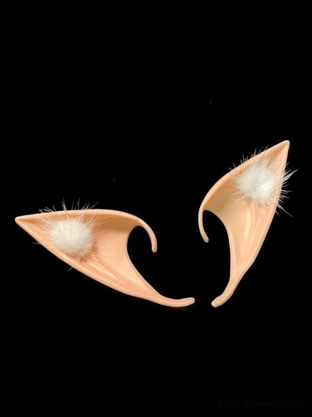 Flat lay product shot of complete elf ear accessory pair on black background, displaying light tan plush base with white fuzzy pom-pom ornaments, overhead view