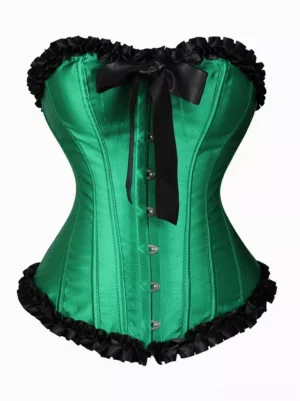 Emerald green satin underbust corset with layered ruffled trim, front flat lay showing metal button details and contrasting black bow accent