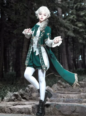 Emerald prince ouji lolita cape coat set full front side body view silver-haired model forest stone stairs dark green long cape gold embroidery trims white tights