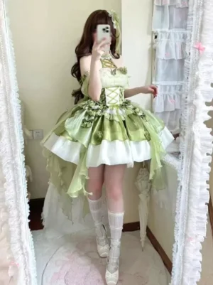 emerald sweet lolita jsk dress with white bicolor skirt lace-up corset bodice and puff sleeves front mirror view