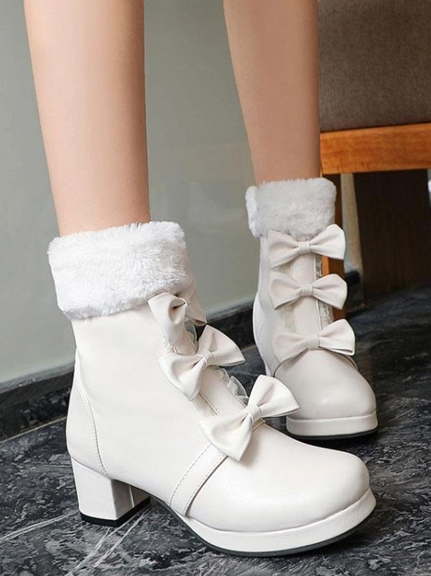 Enchanted bow Lolita ankle boots collection overview showcase featuring fuzzy fur cuff details and chunky block heel across multiple colorways