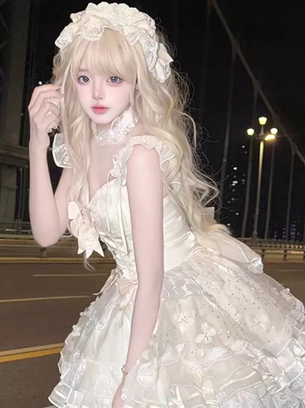 enchanted-fairy-lolita-dress-side-front-view-ruffled-shoulder-straps-corset-bodice-layered-tulle-skirt-sweet-hime-style