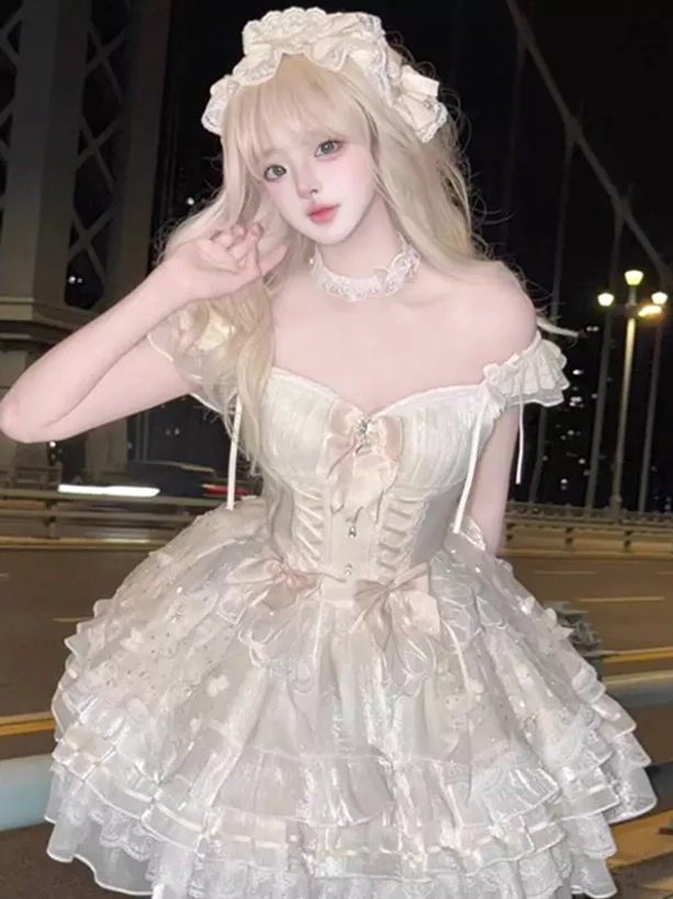 enchanted-fairy-sweet-lolita-jsk-dress-front-close-up-corset-bodice-ruffled-tulle-skirt-off-shoulder-neckline-cream-ecru-white-color
