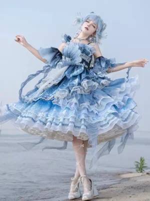 Sweet lolita tea party dress in gradient blue - full-body side back view highlighting floating tulle trims, layered ruffled tiered skirt, off-shoulder romantic design, and statement satin back bow accent