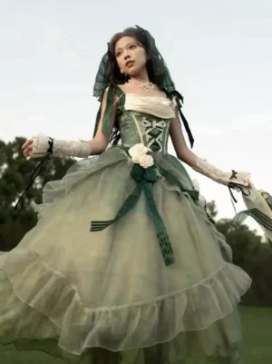 Enchanted forest green sweet lolita ball gown with structured lace-up corset bodice and multi-layered ruffled tulle skirt, front view on model in outdoor garden setting