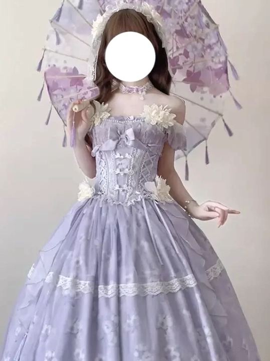 Enchanted garden off-shoulder floral sweet lolita dress in multiple color options showing pastoral green, romance pink, and purple variants with ruffled tulle construction