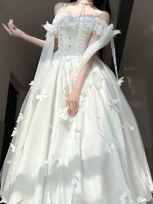 Enchanted Hime Lolita wedding dress white off-shoulder sleeveless sweet lolita ballgown with pearl butterfly appliqués and structured corset bodice front full view