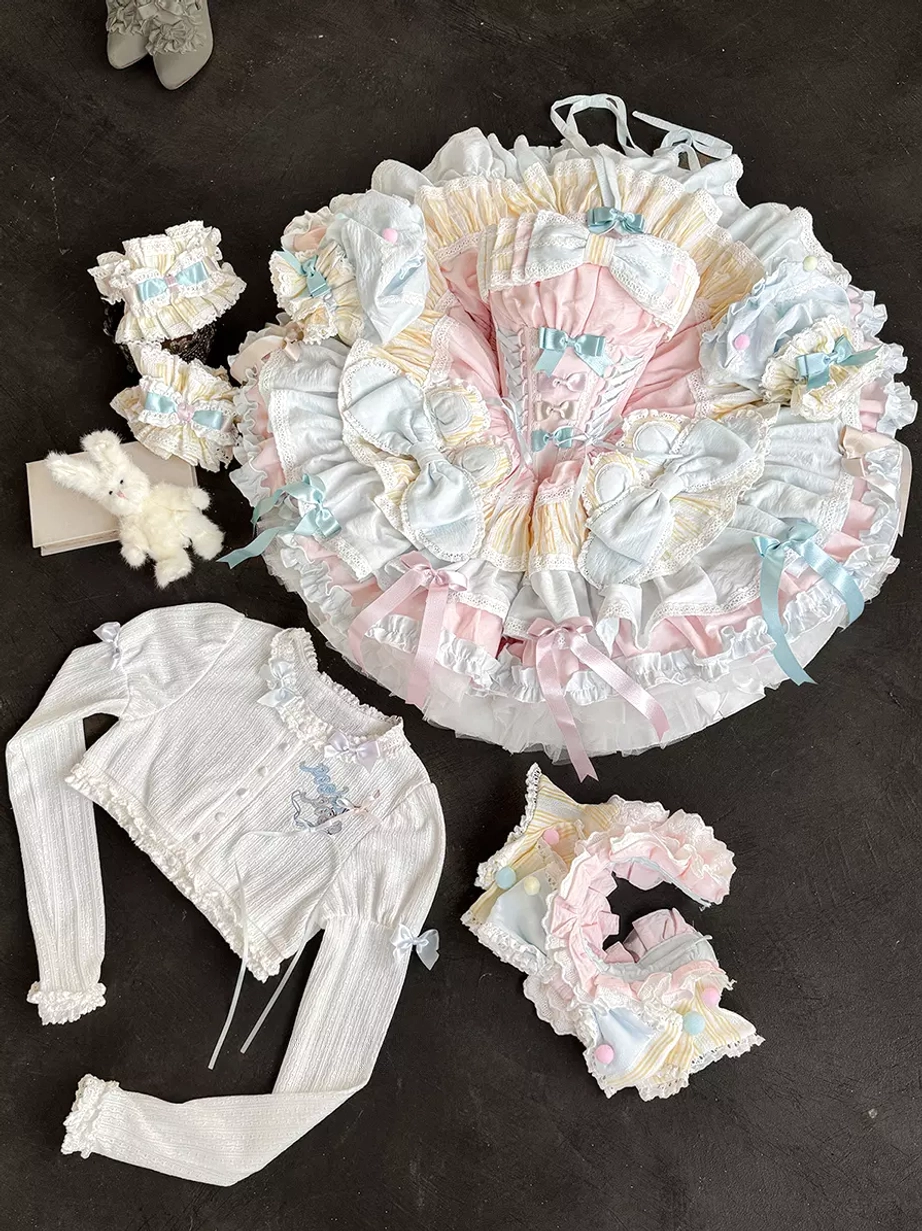 Complete Lolita dress suit flat lay dark background long-sleeve shirt skirt plush bear decoration multiple hair pieces full coordinate styling