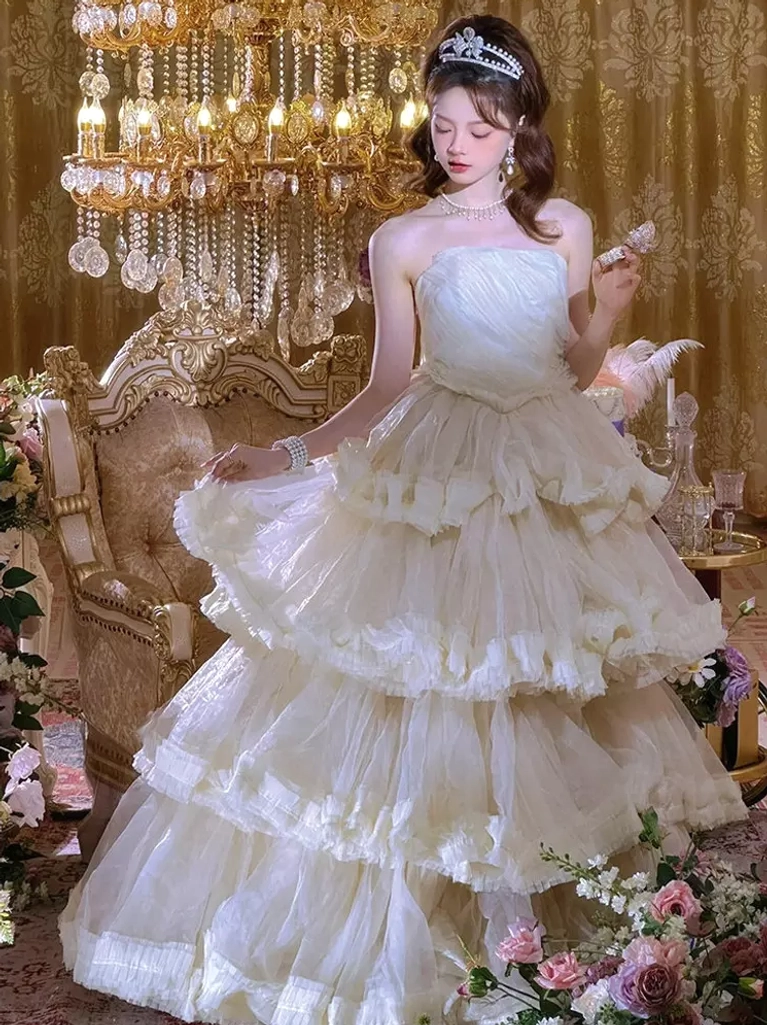 Enchanted strapless tiered tulle fairy wedding ball gown sweet lolita white cream dress front view model tiara elegant rococo silhouette