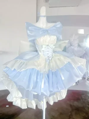 Front three-quarter view of ethereal light sky blue fairy ballet sweet lolita dress with tiered ruffles and chest bow embellishment, sleeveless design on mannequin