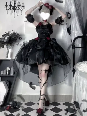 Gothic Lolita dress full body display featuring off-shoulder sleeves, leg lace straps, red rose accents, and ruffled tulle layers on checkerboard vintage room background