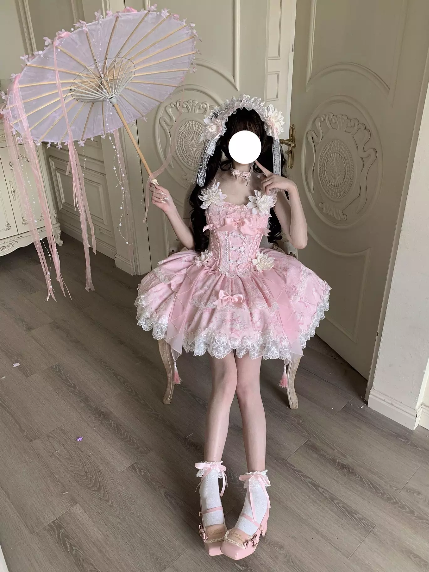 Pink mini sweet lolita fairy dress full rear view showcasing white lace trim matching ankle straps and cascading ruffles