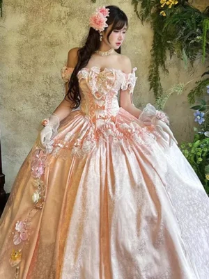 Off-shoulder peach-pink fairy ball gown with 3D floral appliqués and ruffled rococo bodice - sweet lolita princess dress front view