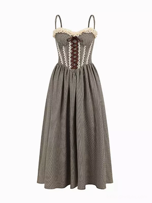 Flat lay product photography of grey gingham corset fairy midi dress showing spaghetti straps lace-up front A-line silhouette and lace bust trim on white background