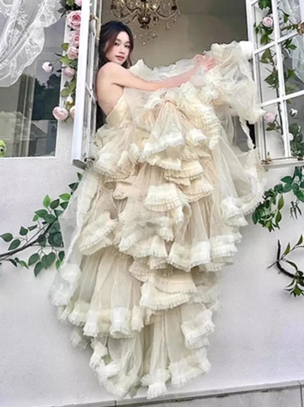 Fairy gown white cream tiered tulle ruffled side rear view strapless design lace trim elegant sweet lolita rococo french window display