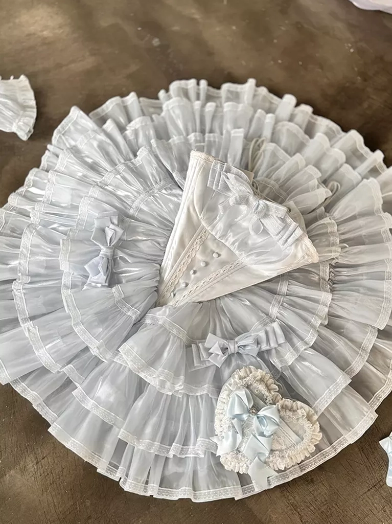 Complete fairy lolita outfit styling guide featuring light blue dress, coordinated accessories, rabbit ear headpiece, bow choker, and full composition view