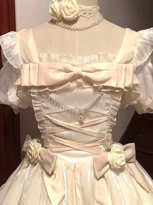 Sweet fairy lolita dress upper bodice close-up square ruffled neckline front bow crisscross lace-up corset flower pearl choker waist rose accents