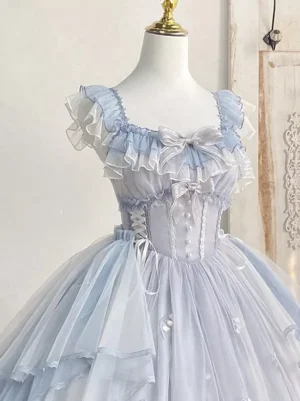 fairy lolita dress upper bodice close-up corset style lace-up side bow decorations ruffled neckline light blue sweet lolita