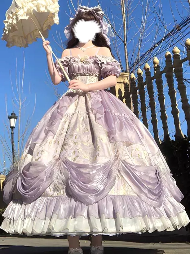 Fairy Lolita dress half-body portrait with matching hair bow, corset waist design, holding ruffled parasol outdoors in sunny street setting